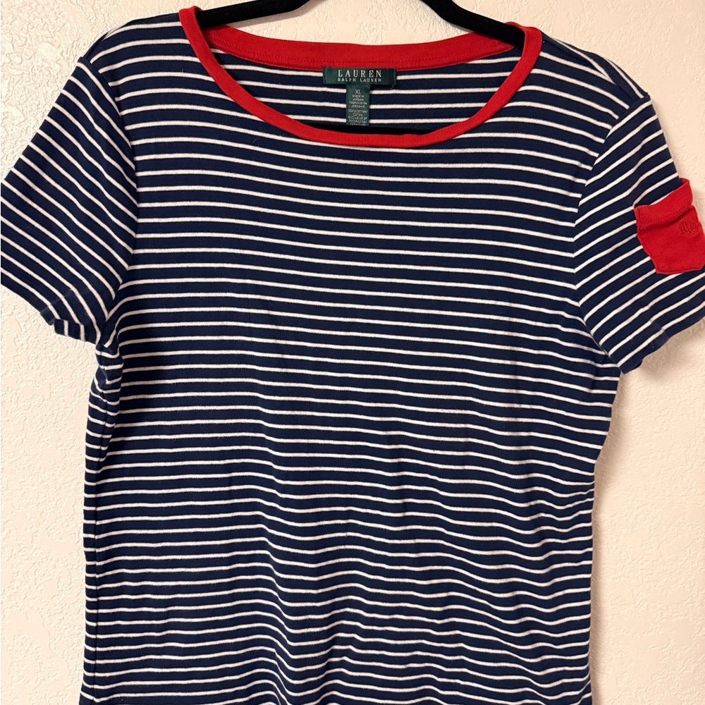 Ralph Lauren Navy and White Striped Tee with Red Accents